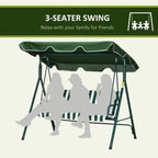 3-seat green garden swing chair with arched canopy and striped bench cushions