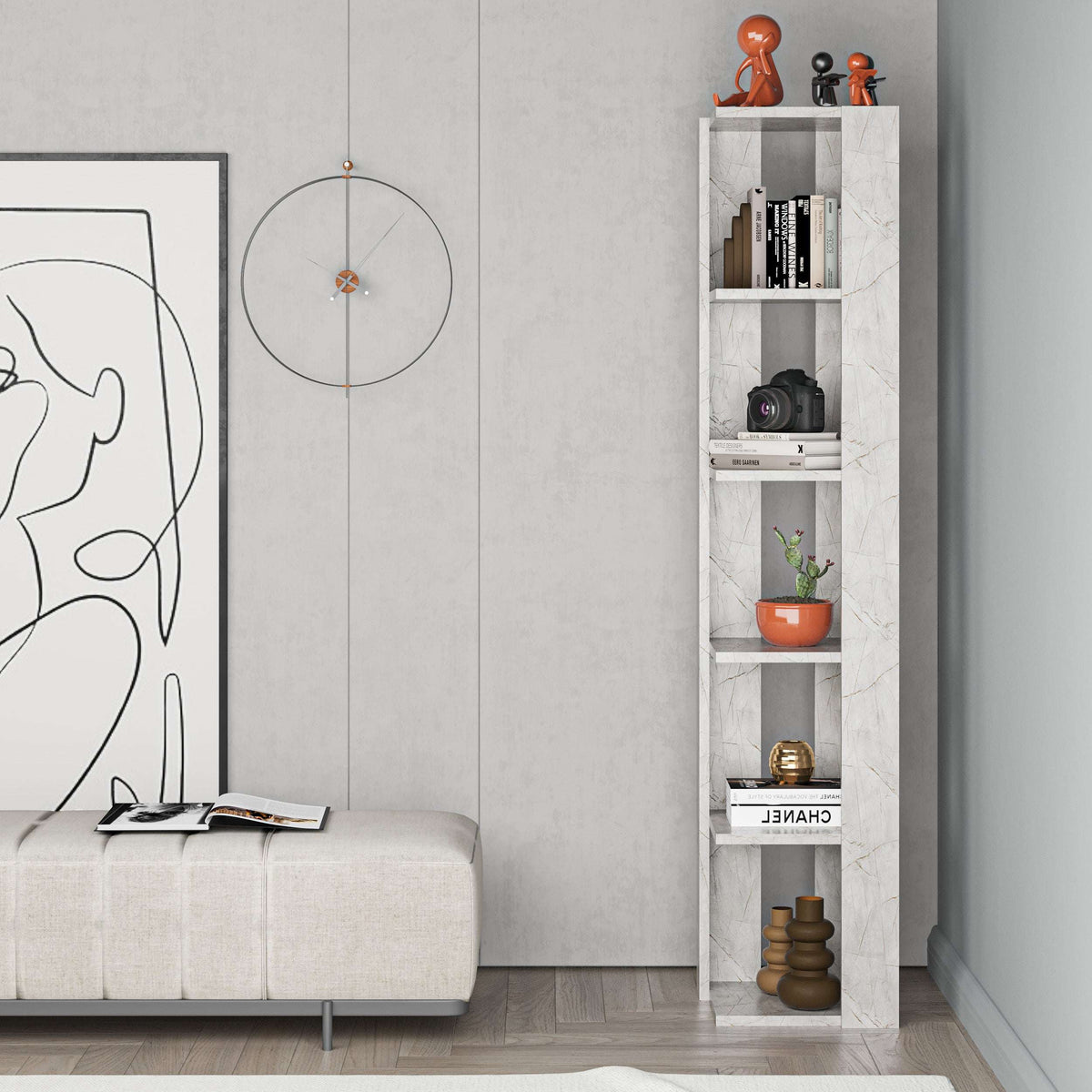 Tall narrow white bookcase with open shelves, filled with books, camera, and small decor.