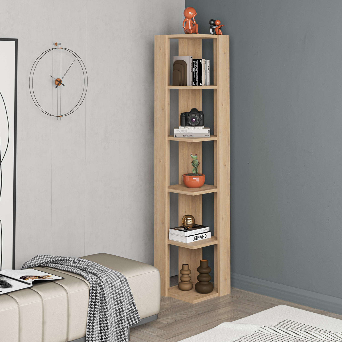 Tall narrow bookcase with open shelves, light oak finish, display items on each level.