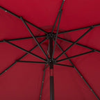 Red patio umbrella frame with metal ribs and central hub, underside view