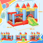 Kids inflatable bounce castle with slide and water pool, blue tower accents, multi-color