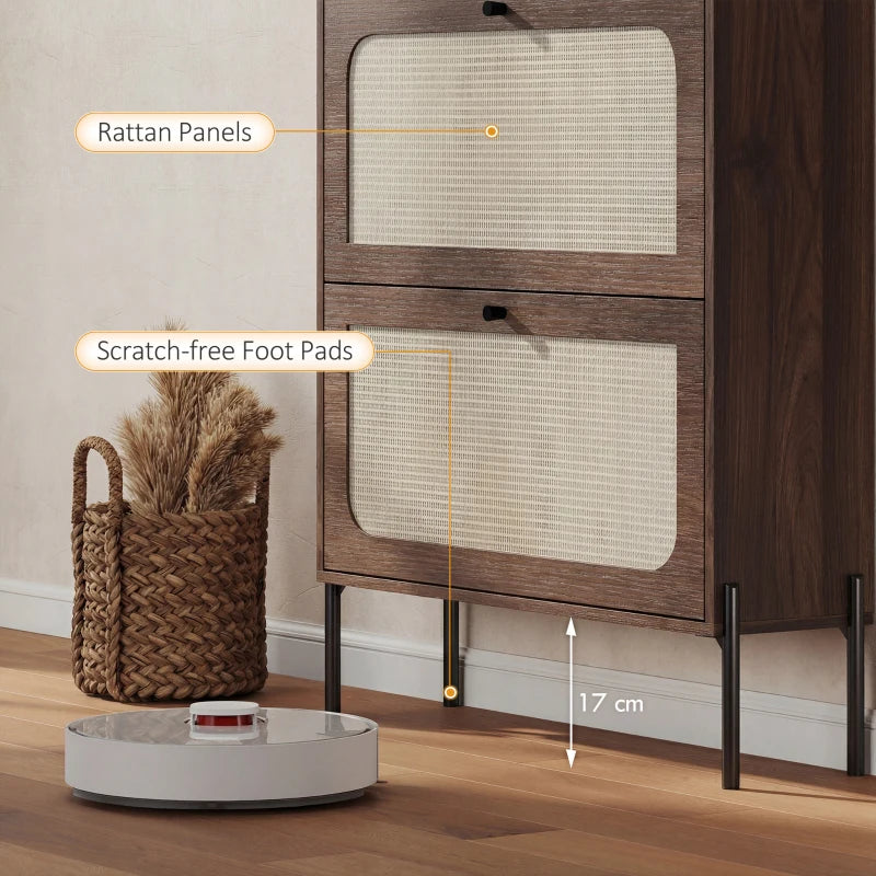 Dark brown shoe cabinet showing woven rattan panels and anti-scratch foot pads
