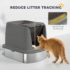 Dark grey enclosed cat litter box with front entry opening and attached litter scoop