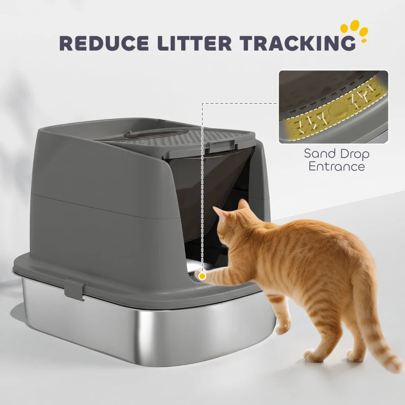 Dark grey enclosed cat litter box with front entry opening and attached litter scoop