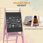 Pink adjustable-height three-in-one easel with chalkboard panel and height range