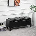 Black PU leather storage ottoman bench with tufted seat and short wooden legs