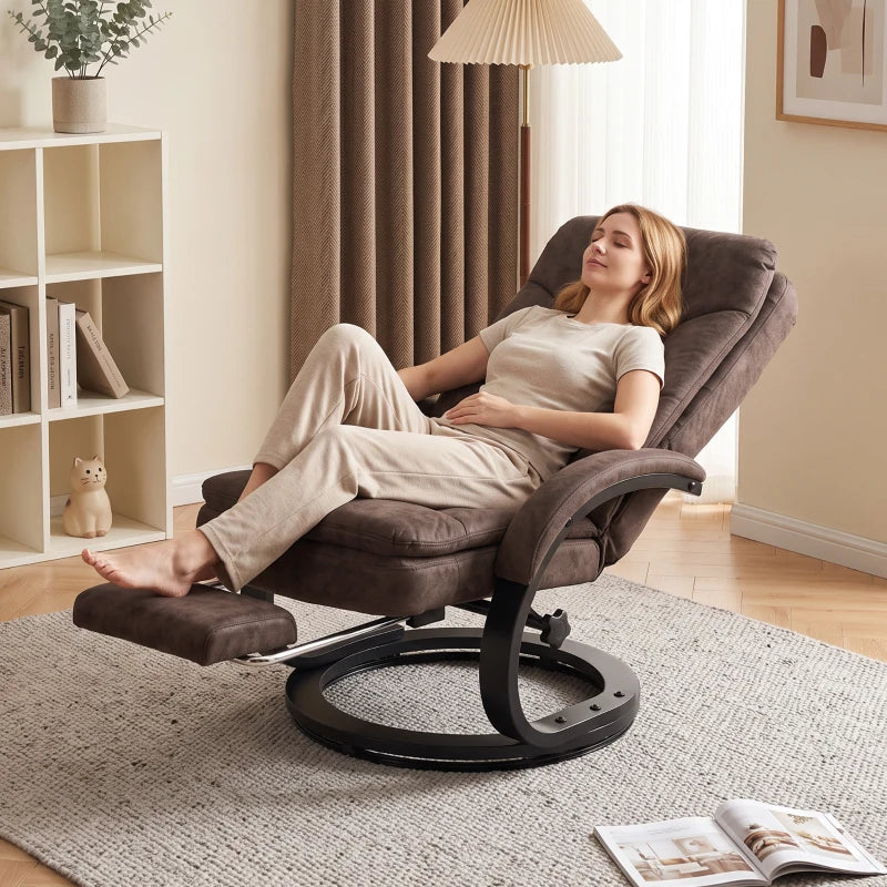 Dark brown velvet swivel recliner chair with extended footrest and high back