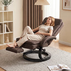 Dark brown velvet swivel recliner chair with extended footrest and high back
