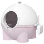 Pink enclosed cat litter box with front entrance window, side vent, and scoop attachment