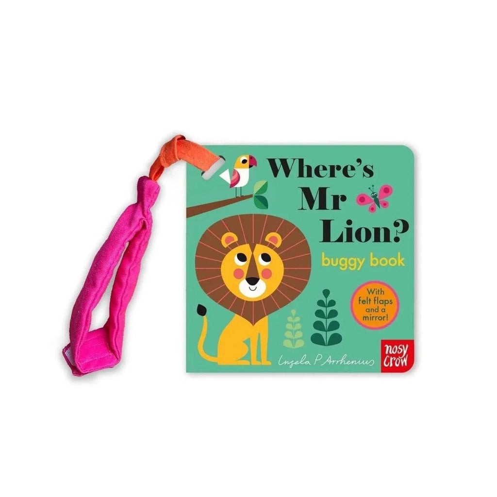 Children's buggy book with lion cover and pink handle for felt flap mirror