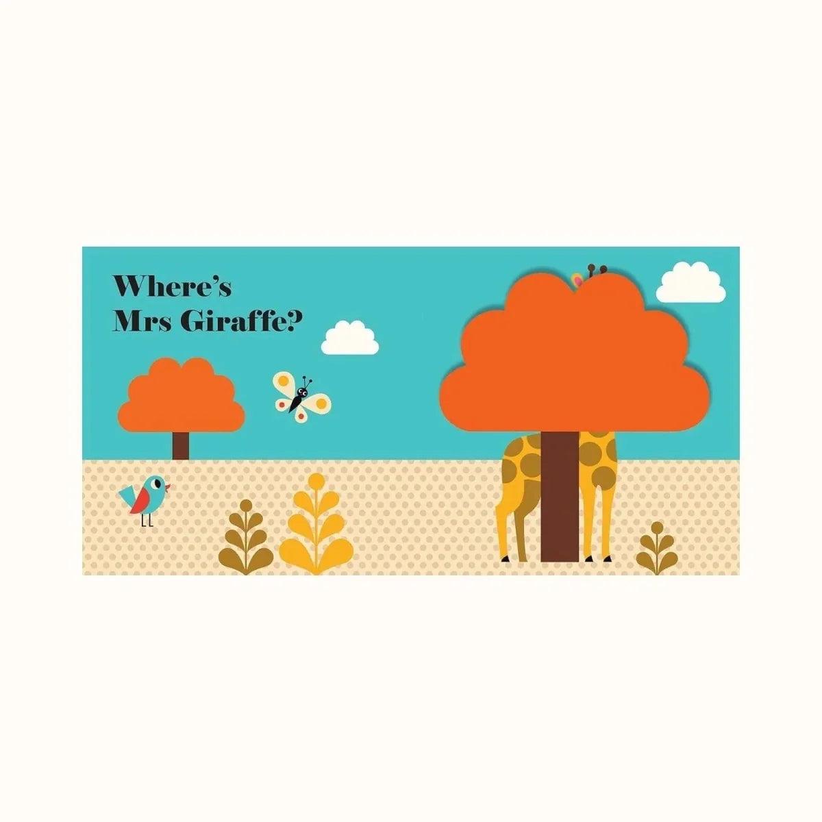 Children's board book panel with orange clouds, giraffe, trees, and small birds
