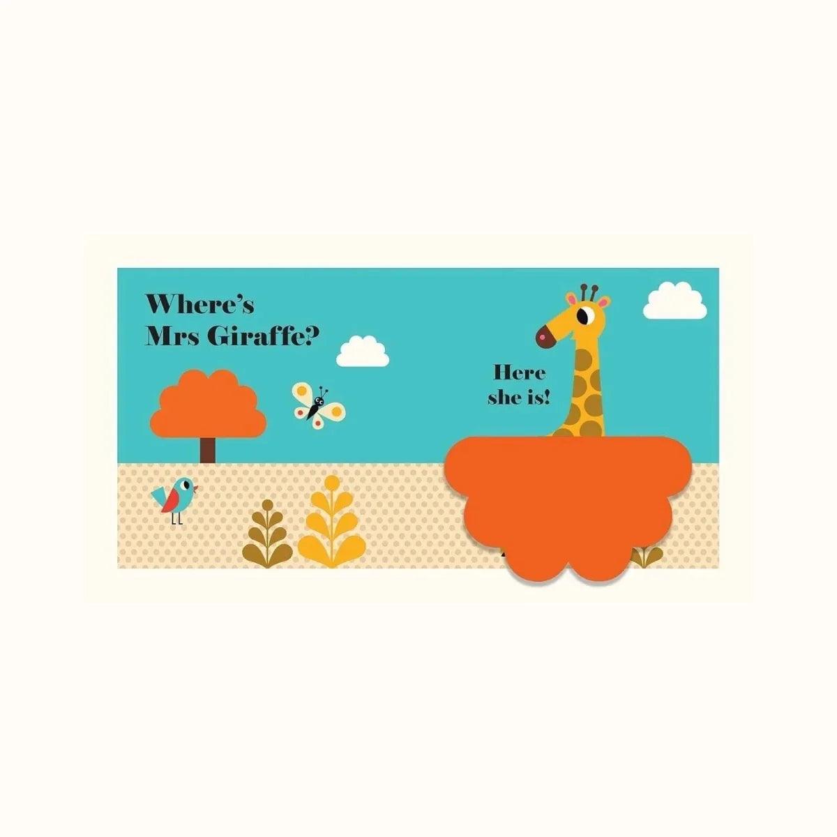 Children's board book panel with giraffe on orange cloud shape and floating butterfly
