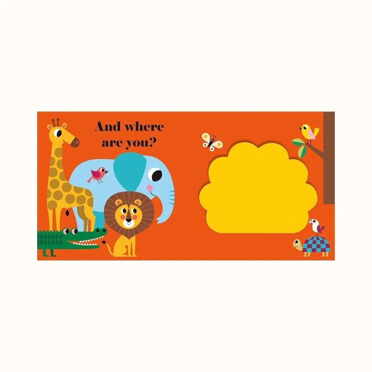 Children's board book spread with safari animals, including a central lion face