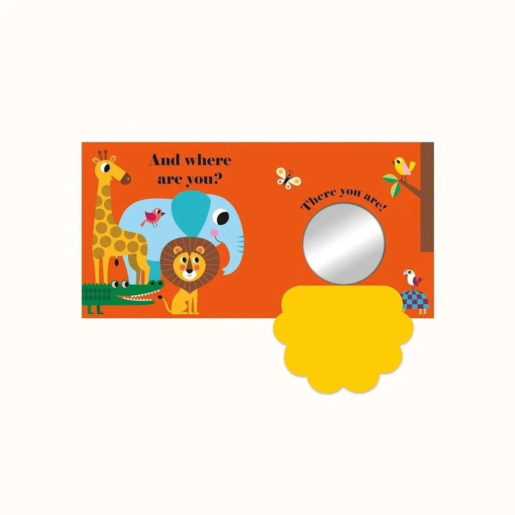 Children's board book spread with safari animals and a circular felt mirror flap
