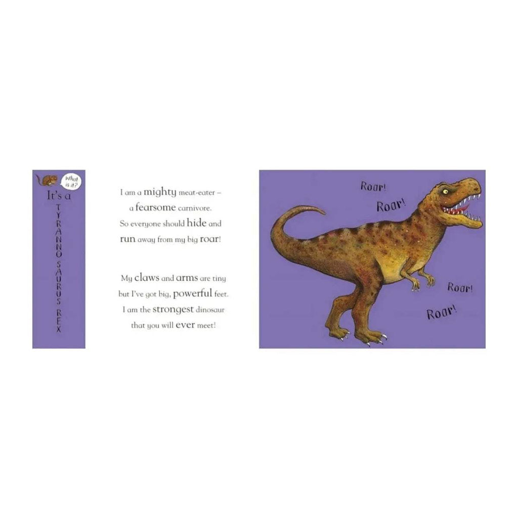 Dinosaur flip-flap book page spread with a roaring dinosaur and 'Roar' word bubbles
