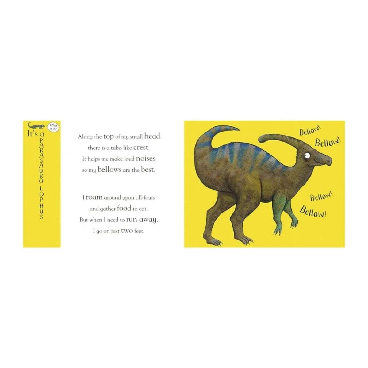 Dinosaur flip-flap book page spread with a bellowing dinosaur labeled 'Bellow'