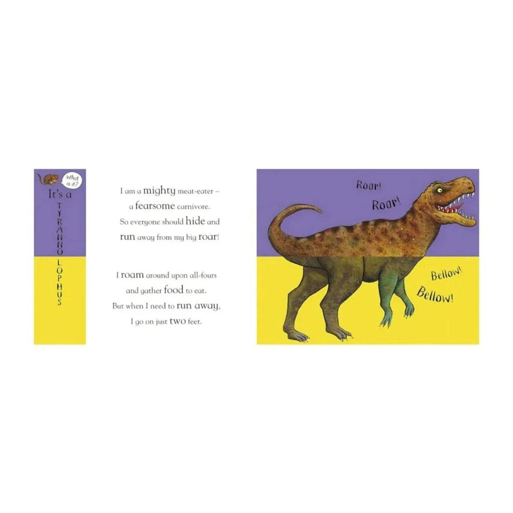 Open dinosaur flip-flap book spread with poem text and a roaring dinosaur with 'Roar' bubbles