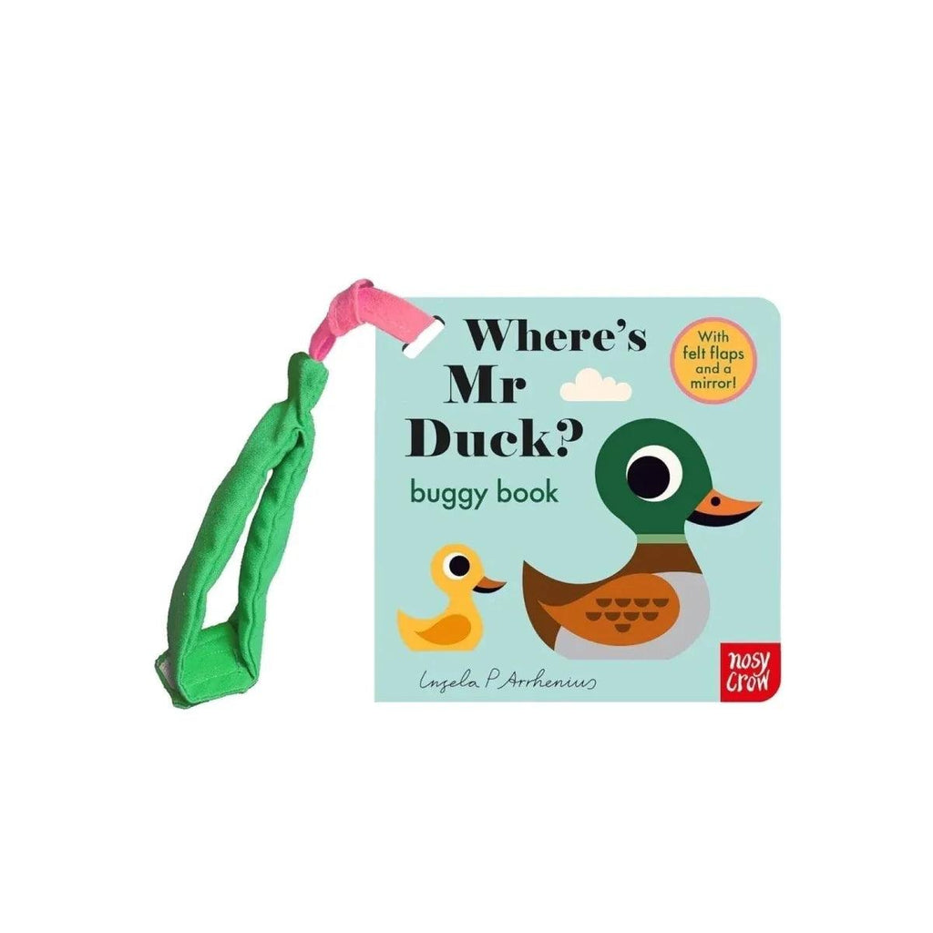 Children's buggy book with green strap and Where's Mr Duck cover