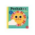Children's peekaboo sun picture book cover, smiling yellow sun with multicolor rays