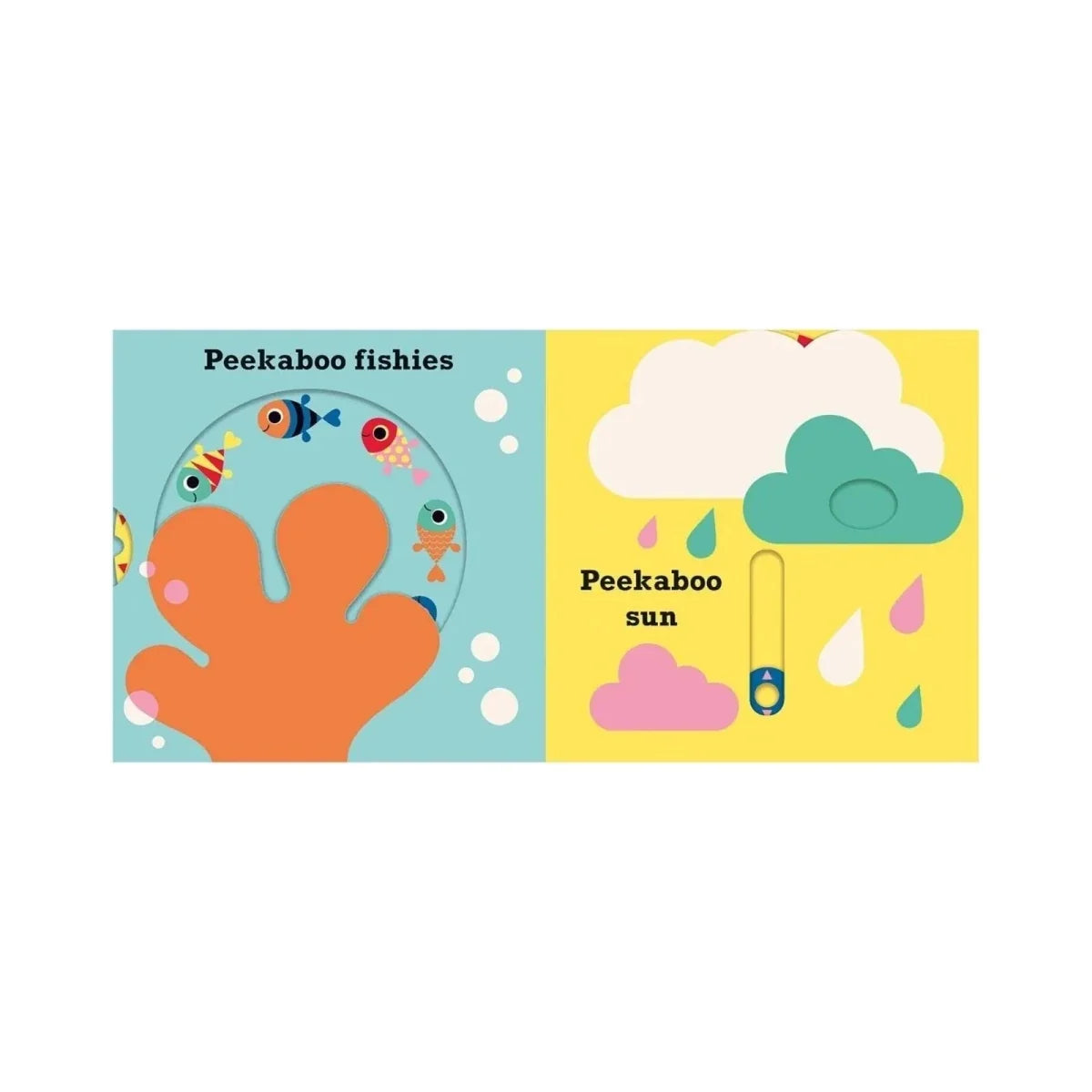 Peekaboo picture book spread with underwater fish page and sun-and-rain cloud scene