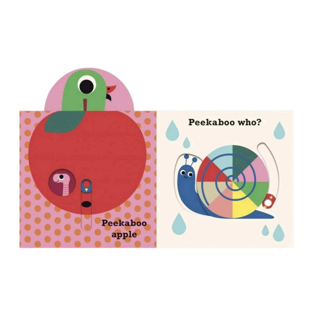 Open Nosy Crow Peekaboo Apple board book spread, apple face with peekaboo mirror cutout