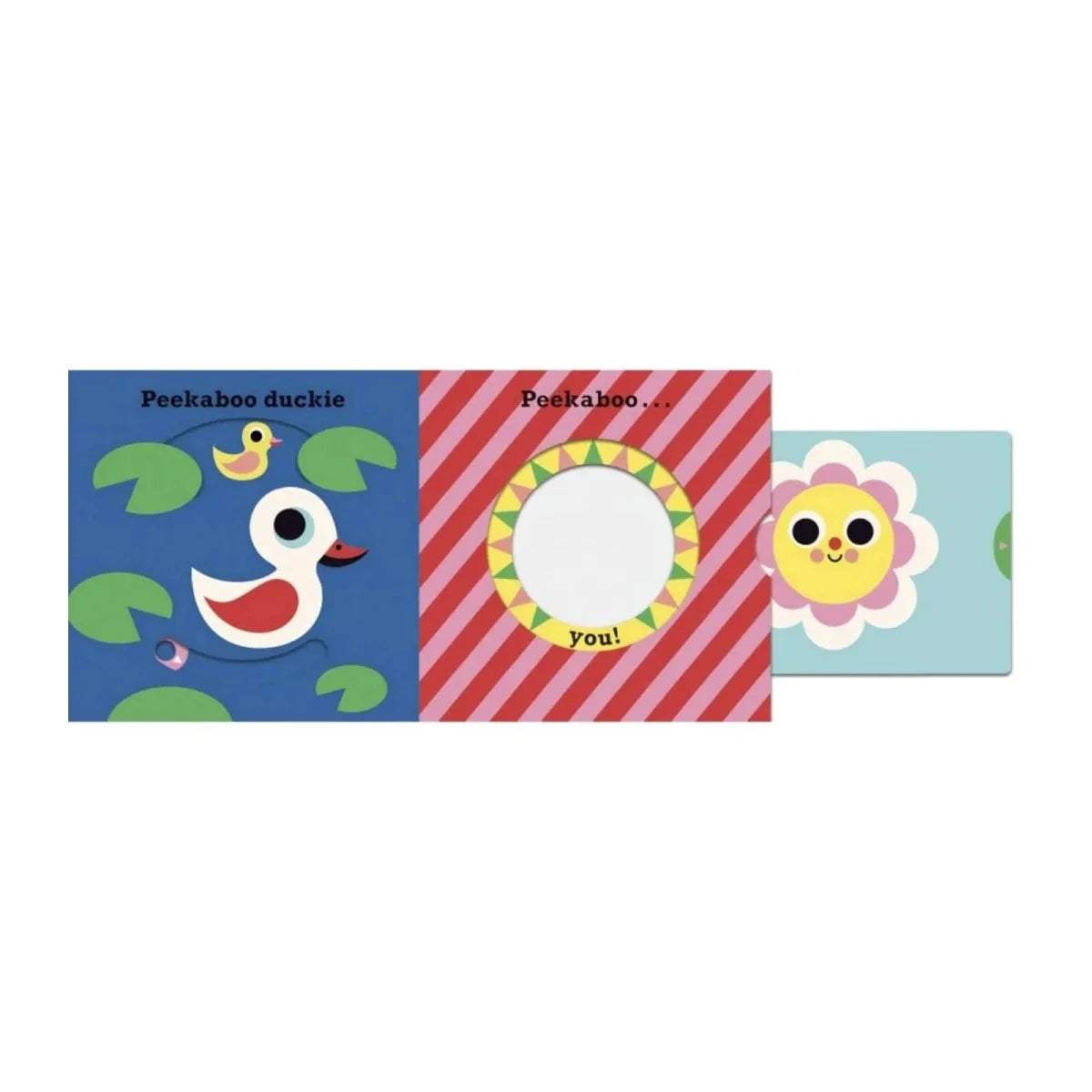 Peekaboo board book spread with duckie page, flower face, and circular mirror window