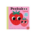 Peekaboo Love board book cover with smiling strawberry characters and title text