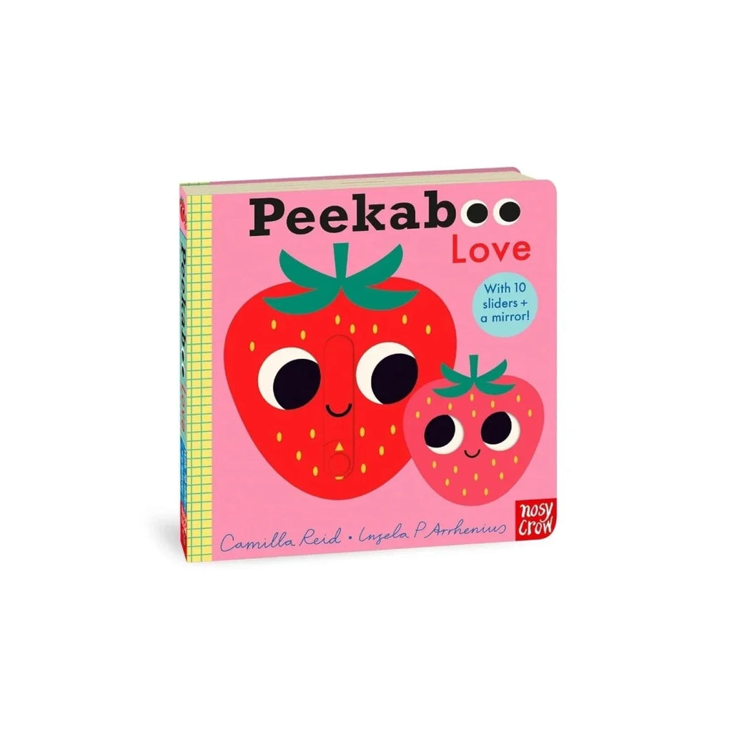 Peekaboo Love board book with strawberry character cover, viewed at an angle