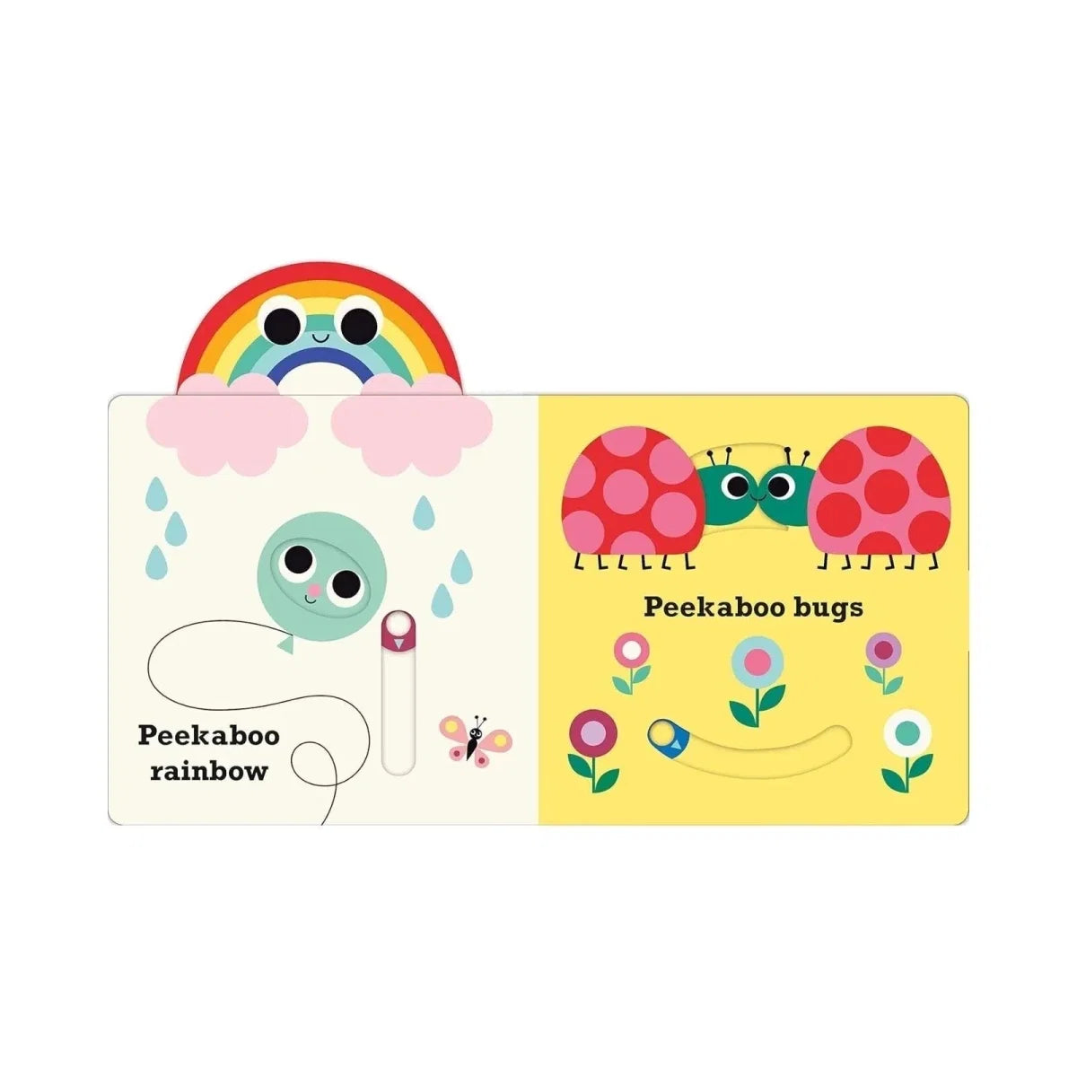 Open Peekaboo board book spread with rainbow character and bug-themed panel