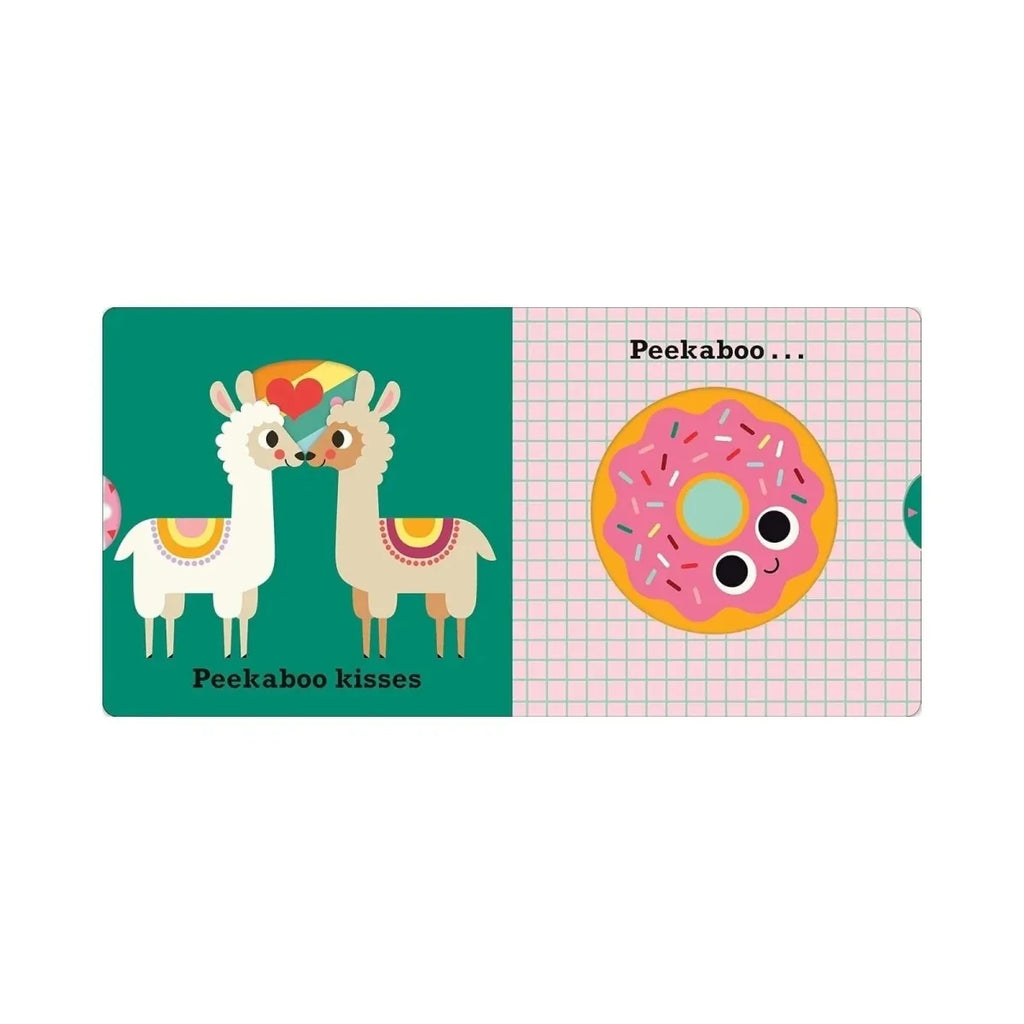 Open Peekaboo board book spread: llama kisses on left, donut peekaboo on right