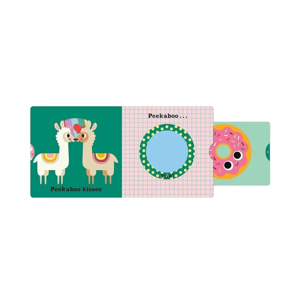 Open Peekaboo board book spread: llama kisses plus donut peekaboo circular cutout