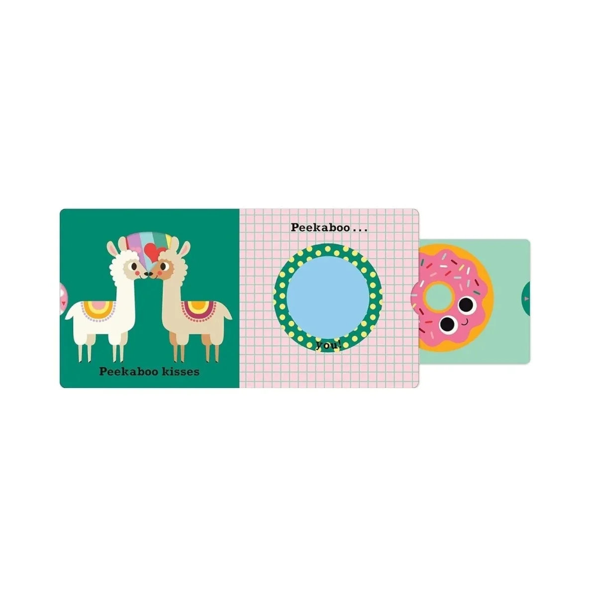 Open Peekaboo board book spread: llama kisses plus donut peekaboo circular cutout