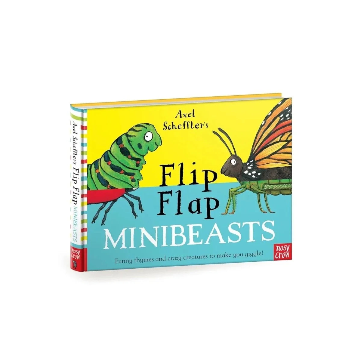 Flip Flap Minibeasts book showing yellow cover, side spine, and minibeast characters