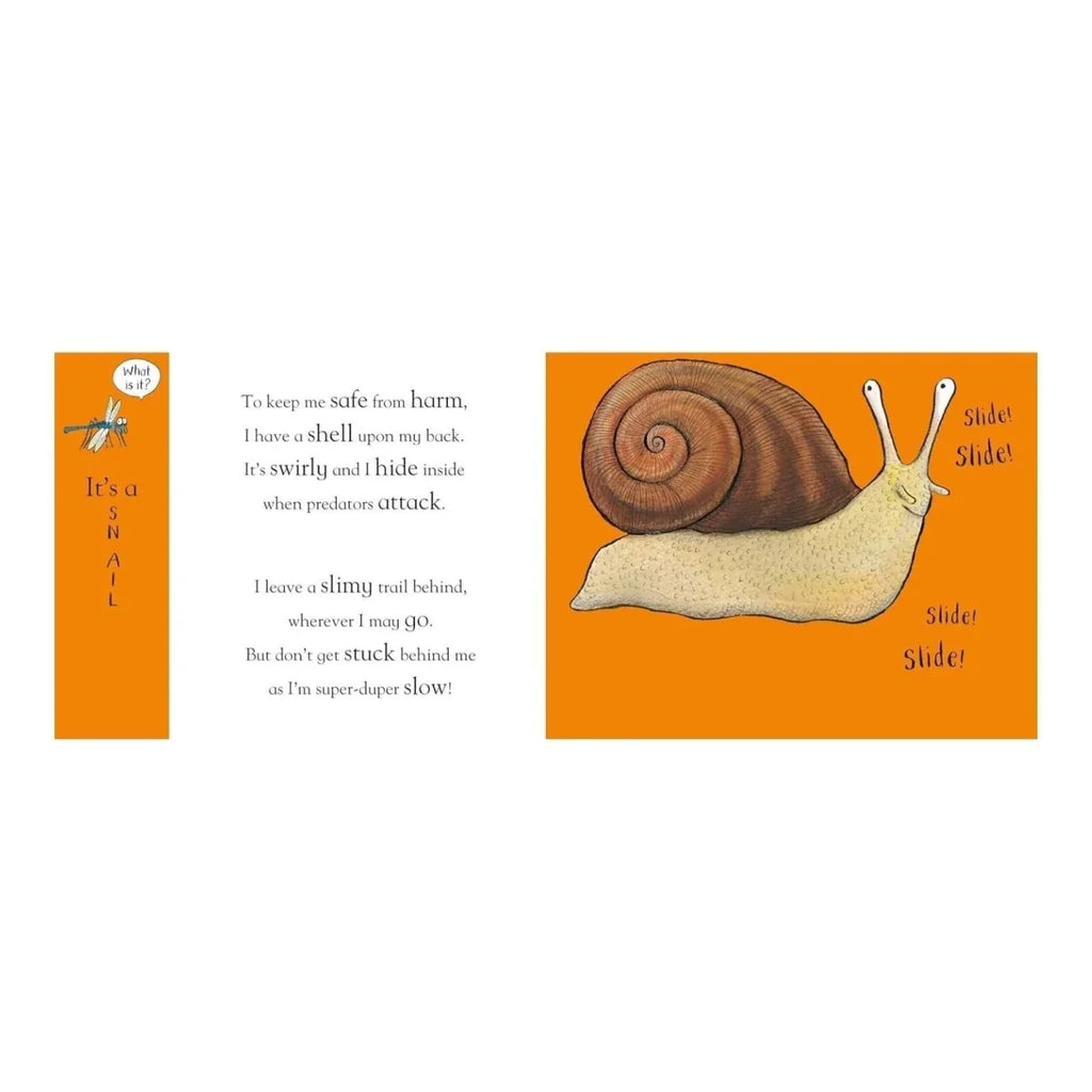 Open book spread with rhyming text and illustrated snail labeled "Sliden Sliden!"