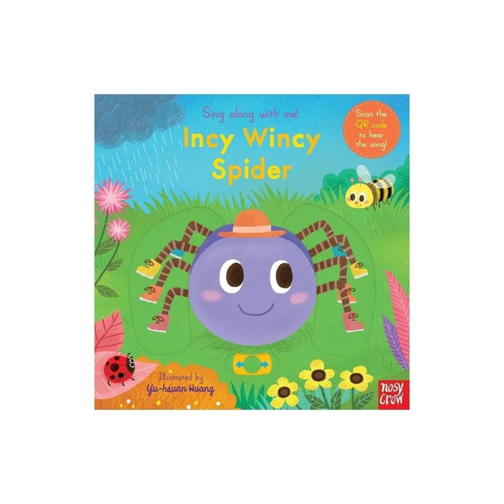 Sing-along picture book cover with friendly purple spider character in a garden scene
