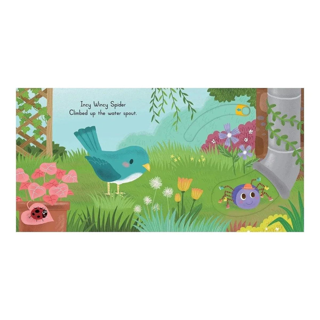Sing-along picture book spread with teal bird, colorful flowers, and a purple spider on grass