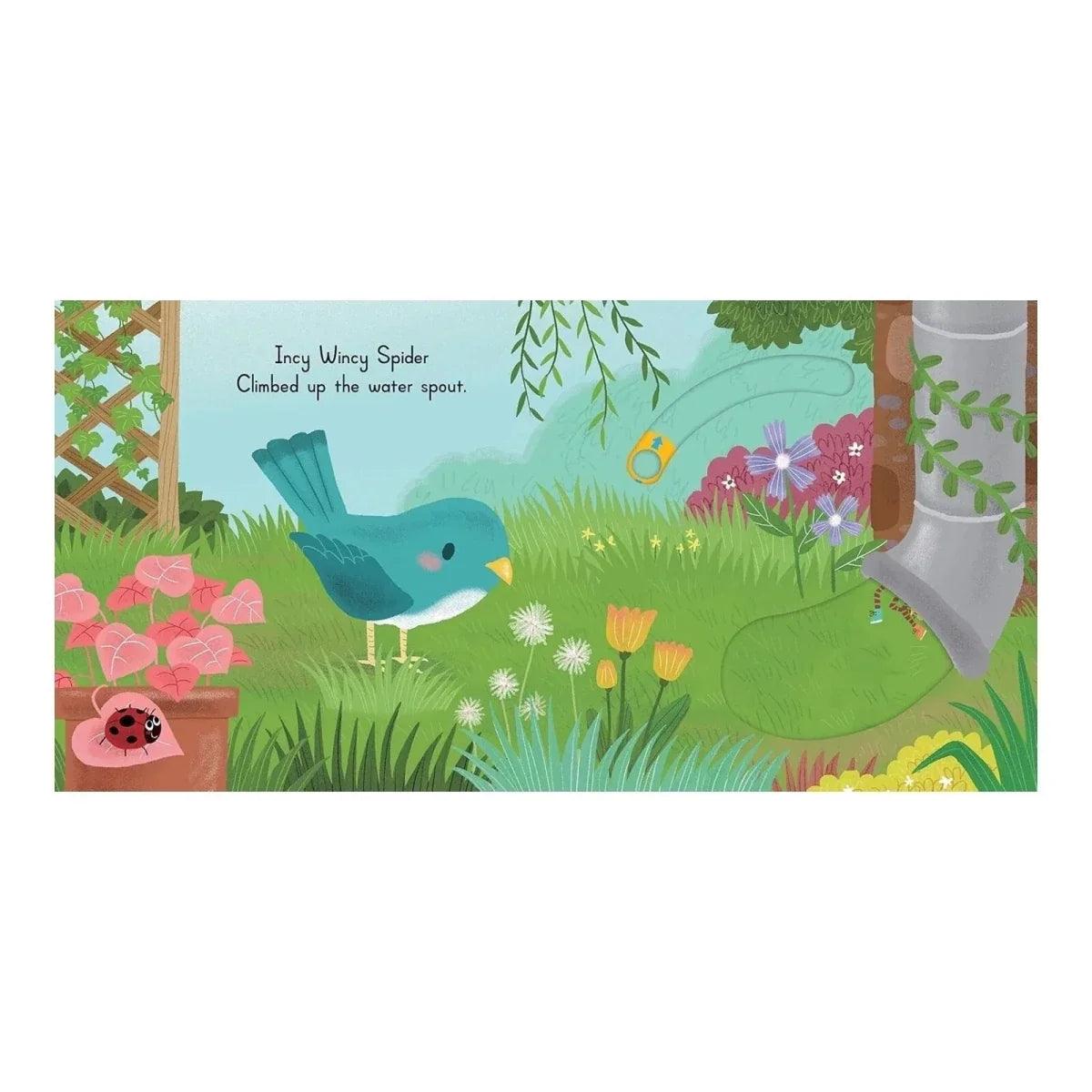 Sing-along picture book spread with teal bird, purple spider, and bright flowers in grass