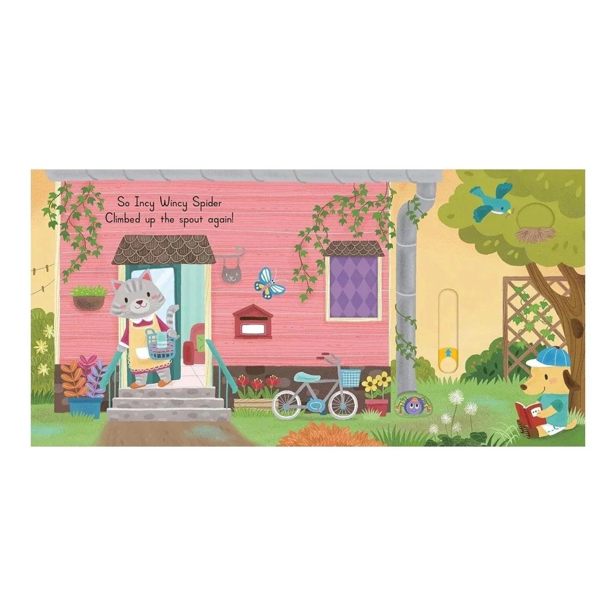 Sing-along picture book spread with cat character at porch, garden flowers, and small spider