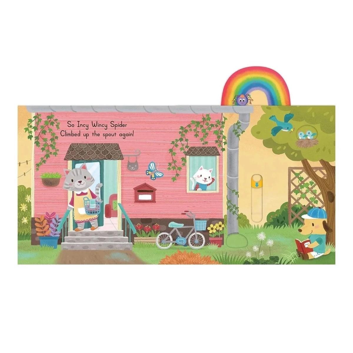 Sing-along picture book spread with cat character, rainbow, and garden animals and flowers
