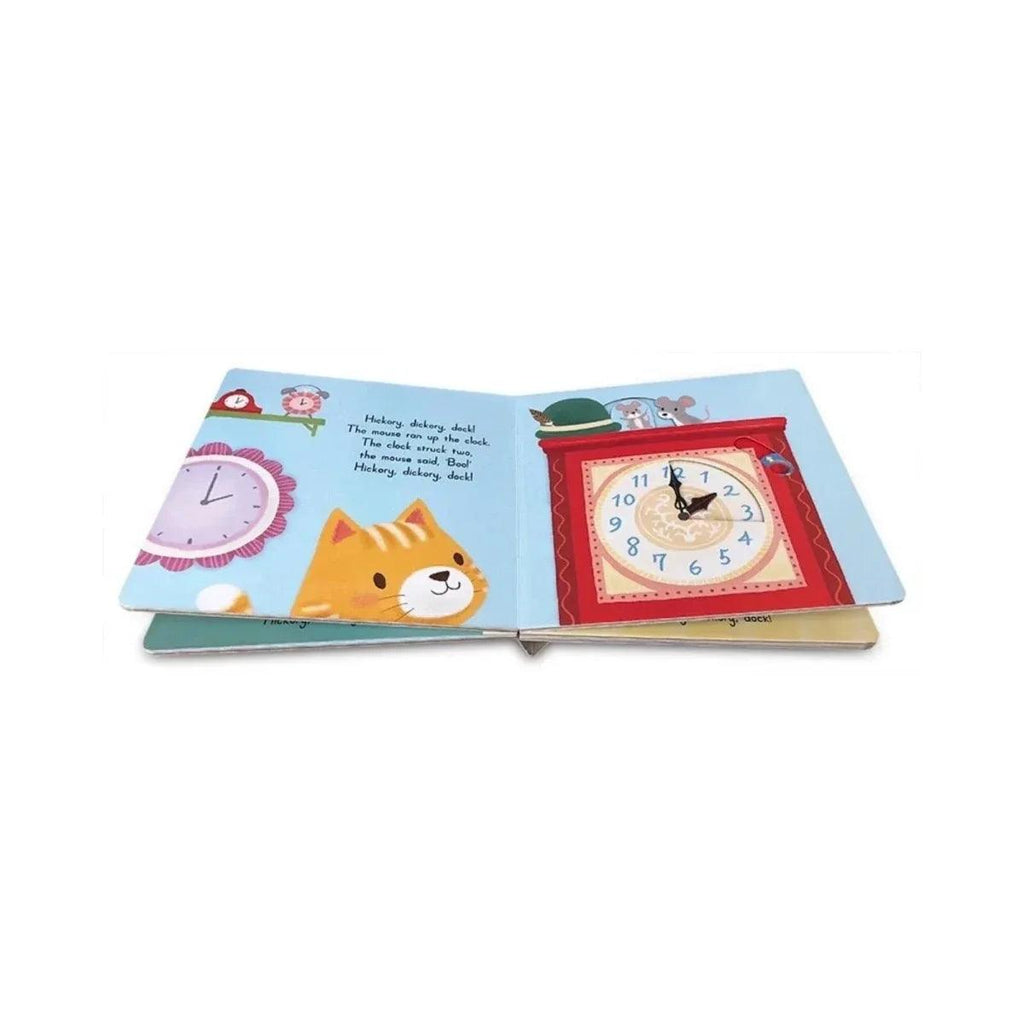 Sing-along board book open spread with cat and mouse around a clock