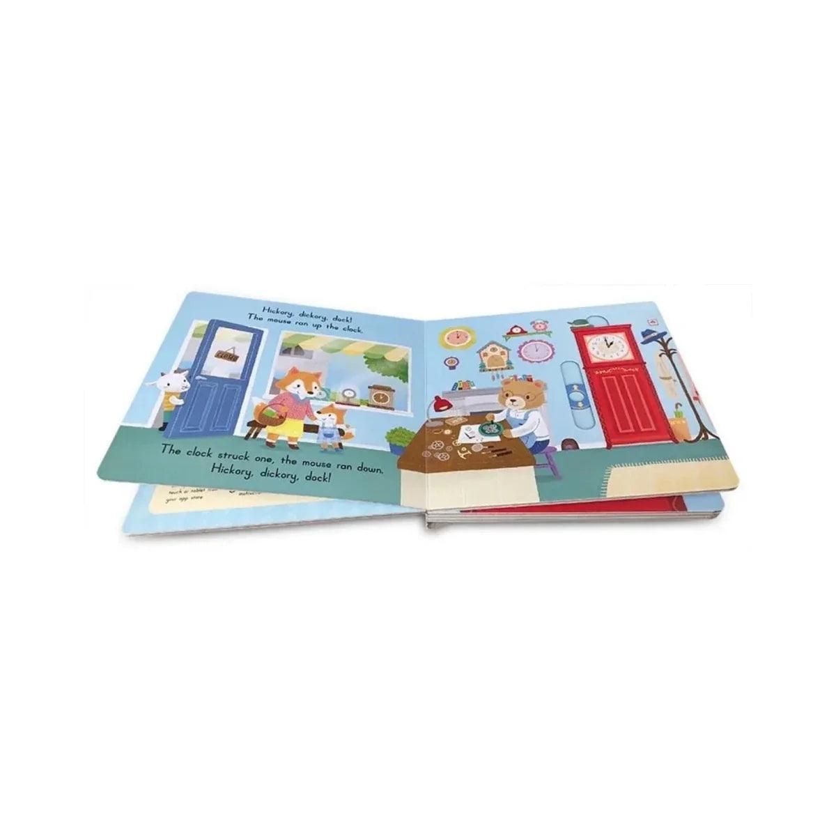 Sing-along board book open pages with animal house scene and lyrics text