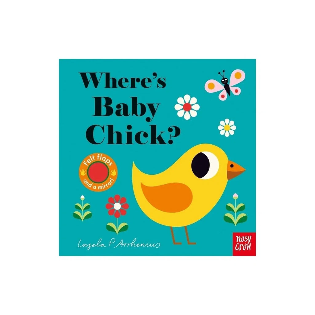 Children’s buggy board book cover with yellow chick, flowers, and butterfly on teal