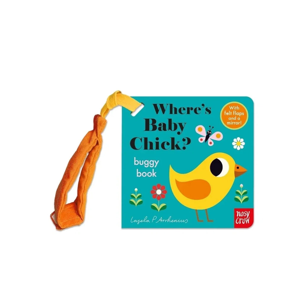 Buggy board book with teal cover featuring a yellow chick and orange carrying strap