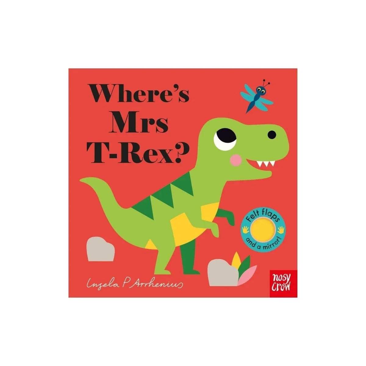 Kids buggy board book with red dinosaur cover and flap circle badge
