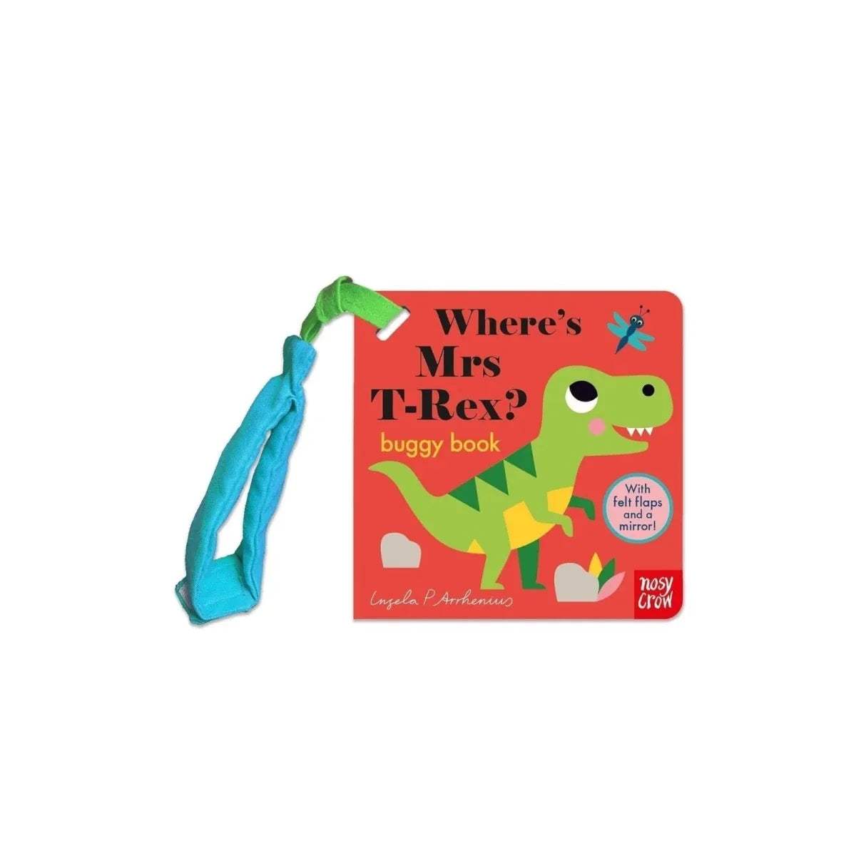 Kids buggy board book with red dinosaur cover and blue fabric carry strap