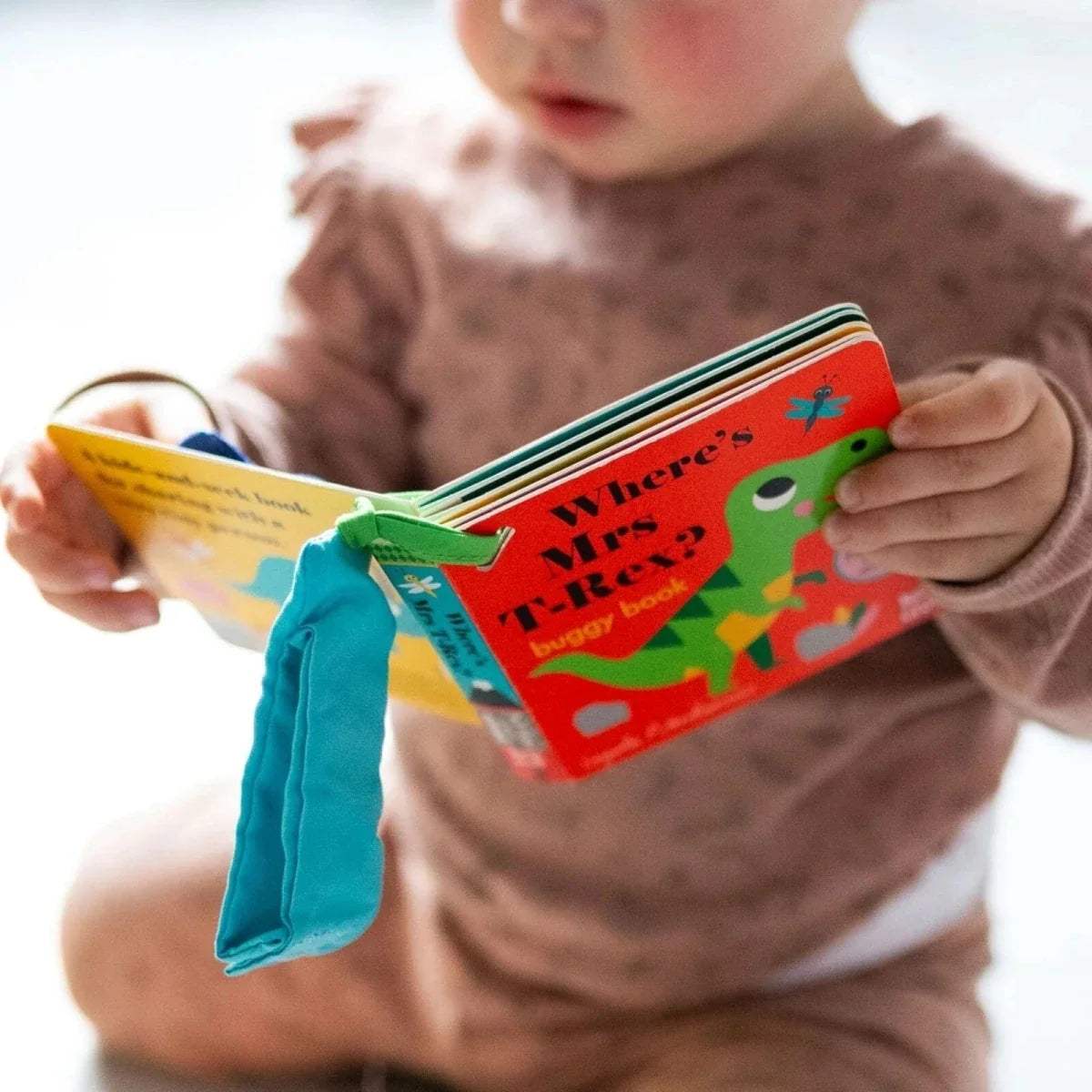 Board book with red dinosaur cover, held by child hands