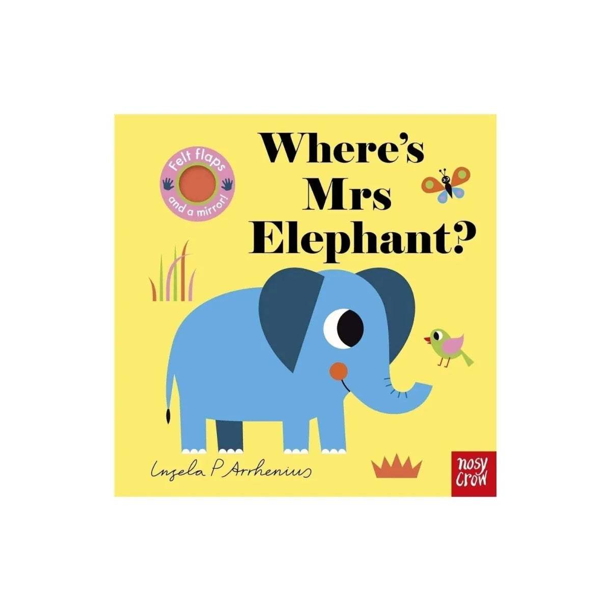 Children's book cover with blue elephant and title 'Where's Mrs Elephant?'.