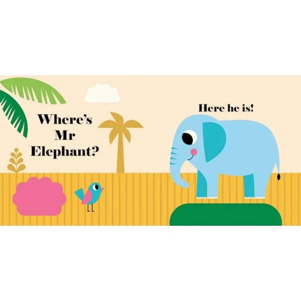 Illustrated book spread with blue elephant and 'Where's Mr Elephant?' plus 'Here he is!'