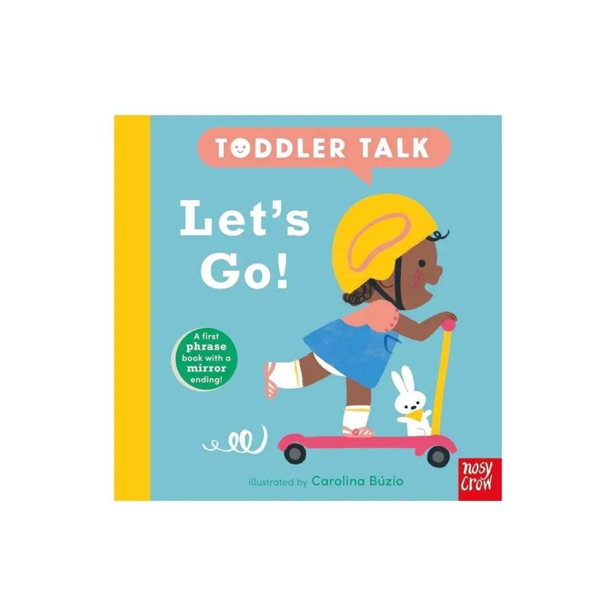 Toddler talk board book cover with children riding a scooter and rabbit illustration