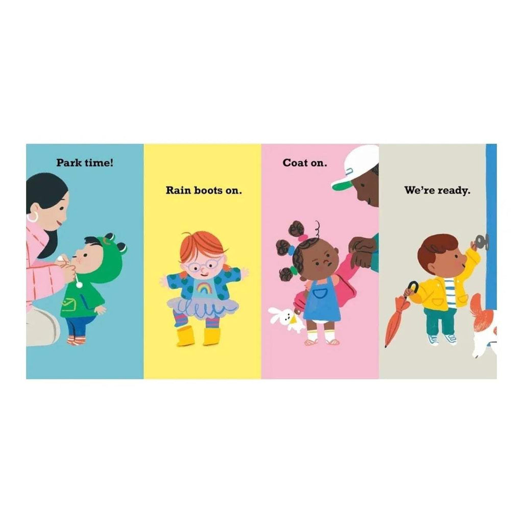 Toddler talk board book interior spread with four scenes: park time, rain boots, coat on